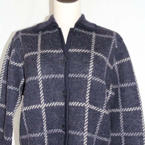 Vintage Talbots Petites Small Checkered Button Up Cardigan Navy White 100% Wool - Picture 4 of 12